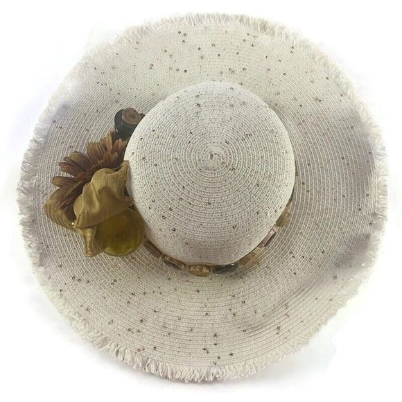 Falls Creek Women's Summer Hat  Wine Motif With Sunflower White & Tan Wide Brim - Picture 5 of 8